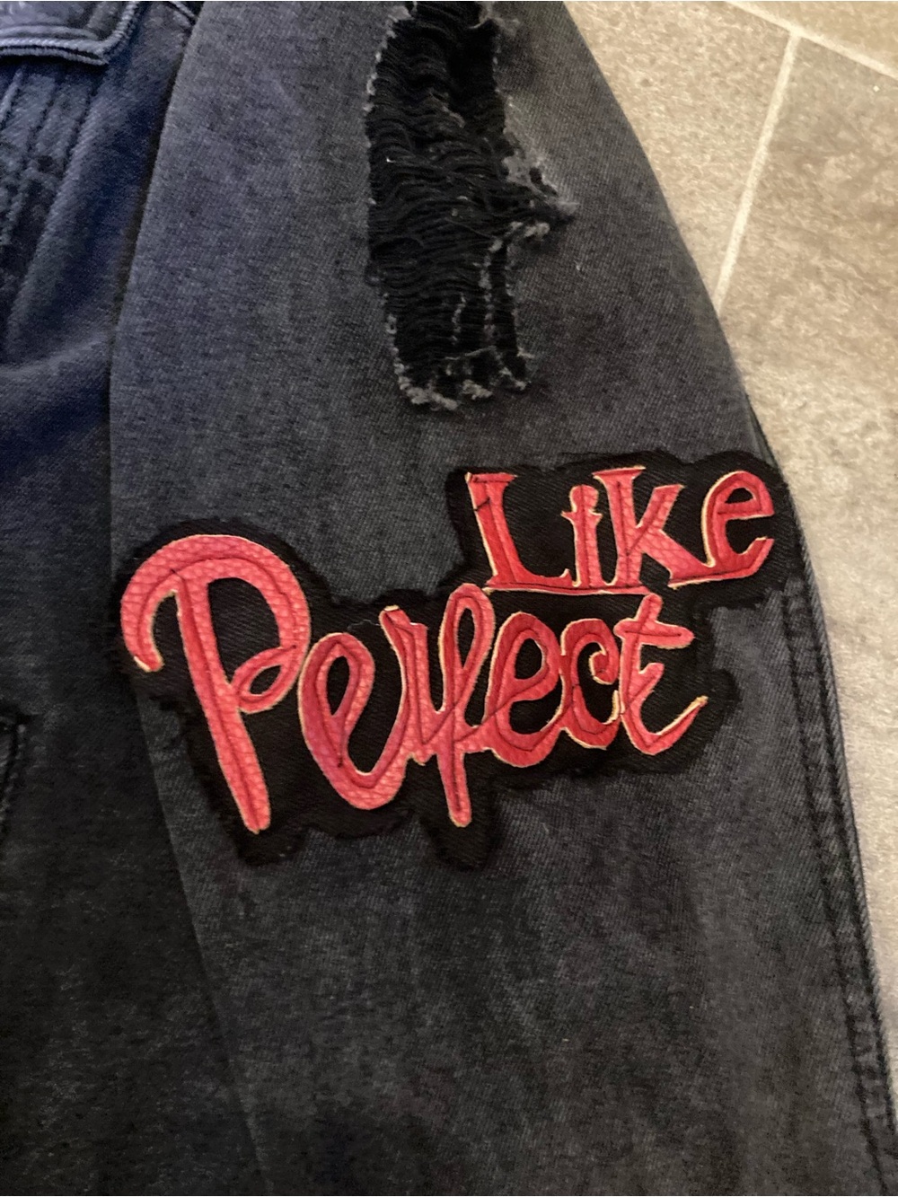 “Wisdom” Black Distressed Denim Jacket with Red Snake Appliqué - Picture 8 of 9